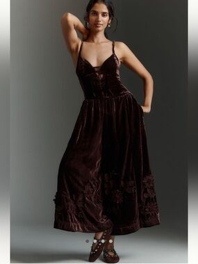 By Anthropologie 3D Floral Velvet Jumpsuit in Powdered Cocoa NWT